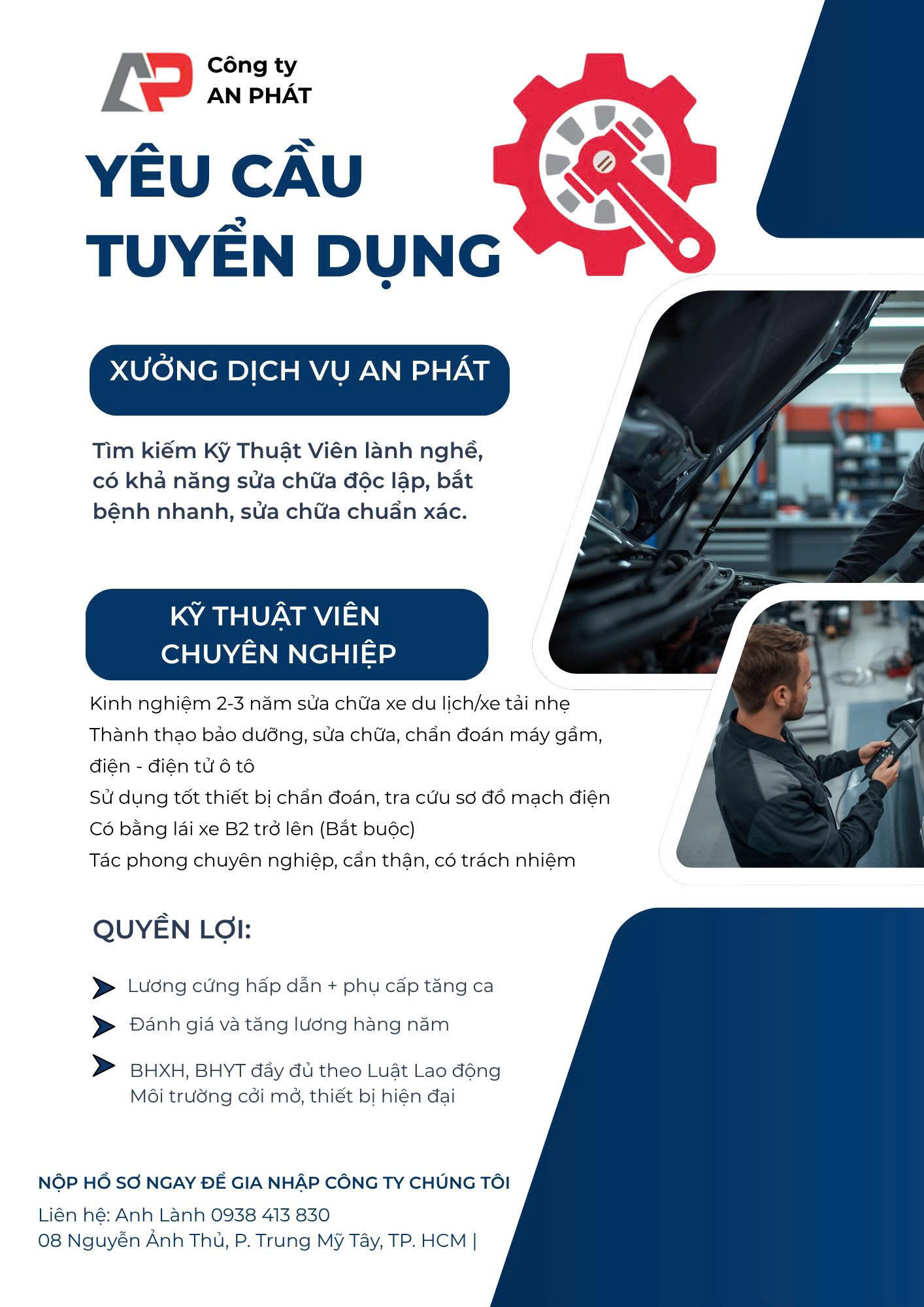 Tuyển dụng Kỹ Thuật Viên chuyên nghiệp – Xưởng Dịch Vụ An Phát