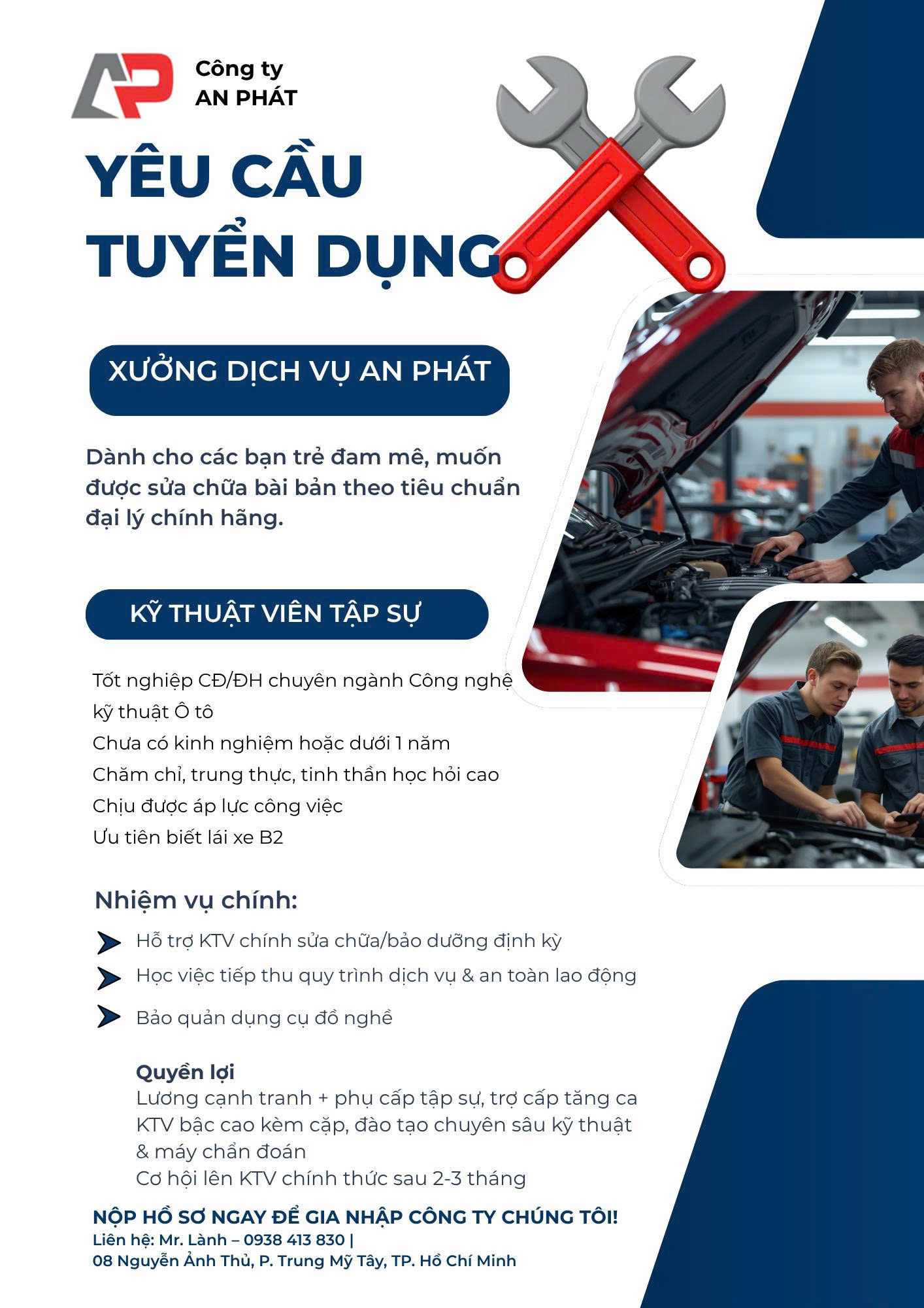 Tuyển dụng Kỹ Thuật Viên tập sự – Xưởng Dịch Vụ An Phát
